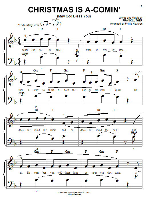 Frank Luther Christmas Is A-Comin' (May God Bless You) (arr. Phillip Keveren) sheet music notes and chords arranged for Big Note Piano