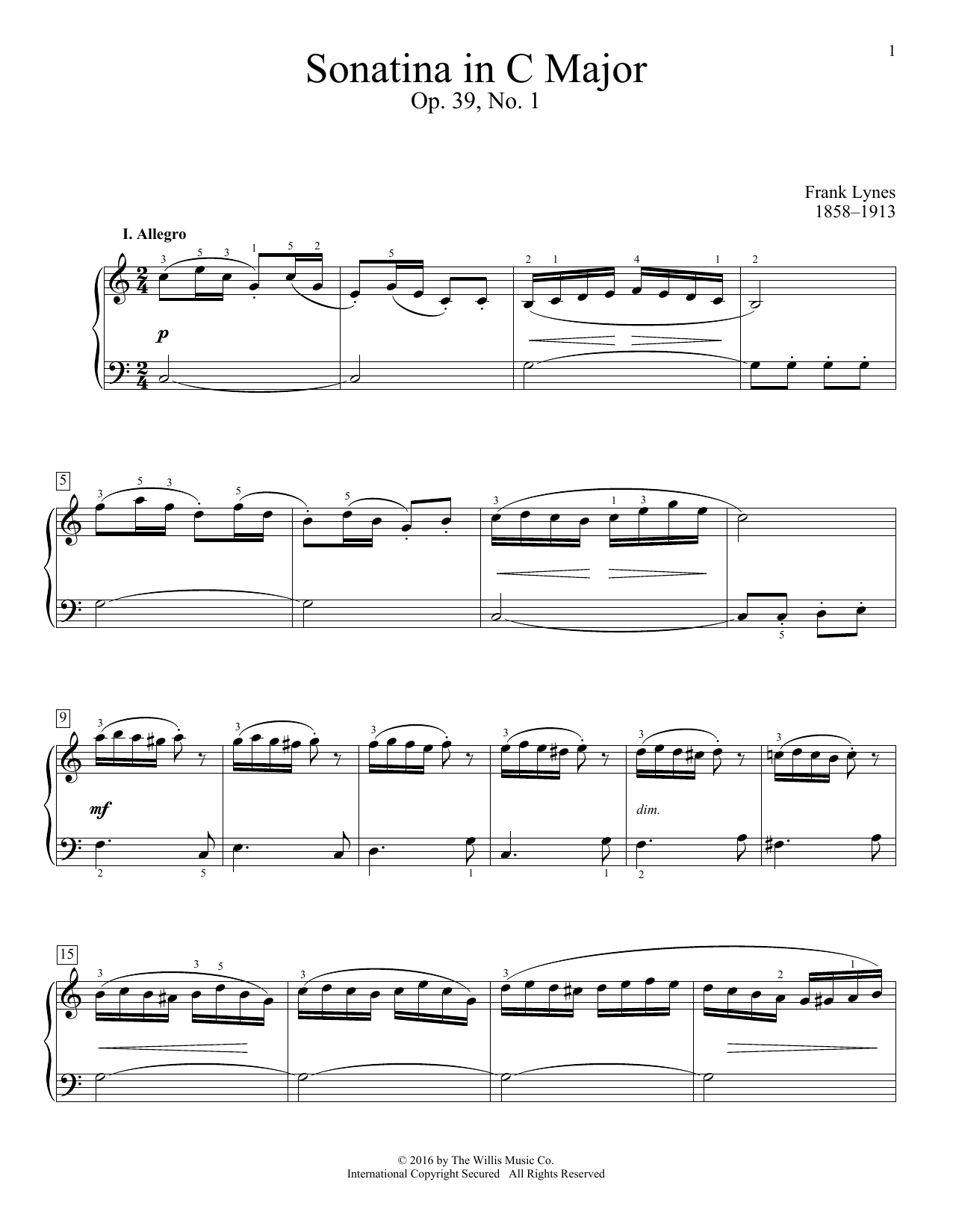Frank Lynes Sonatina In C Major, Op. 39, No. 1 sheet music notes and chords arranged for Educational Piano