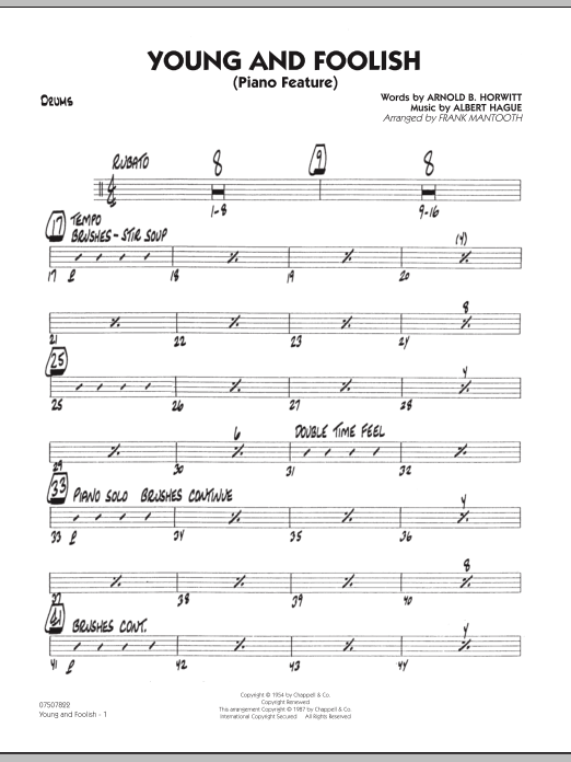 Frank Mantooth Young And Foolish - Drums sheet music notes and chords arranged for Jazz Ensemble