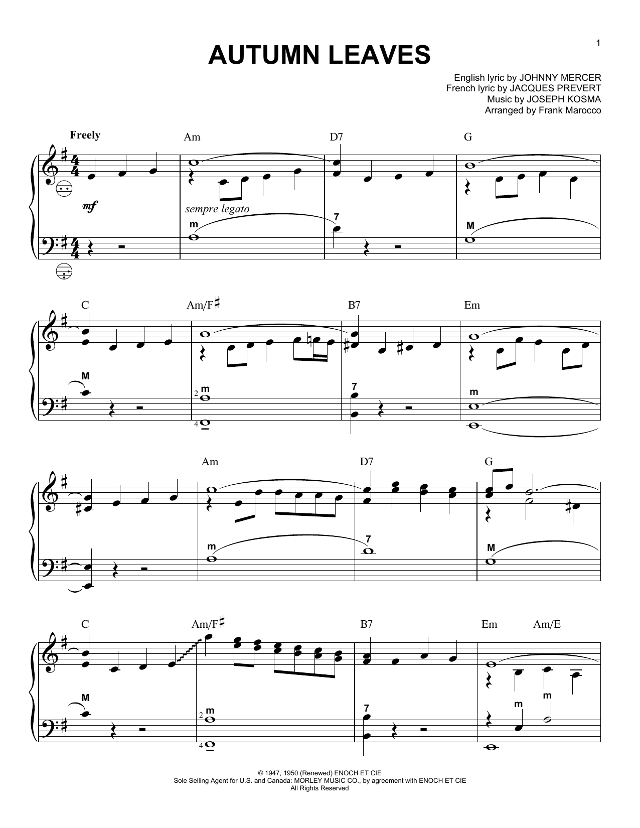 Frank Marocco Autumn Leaves sheet music notes and chords arranged for Accordion