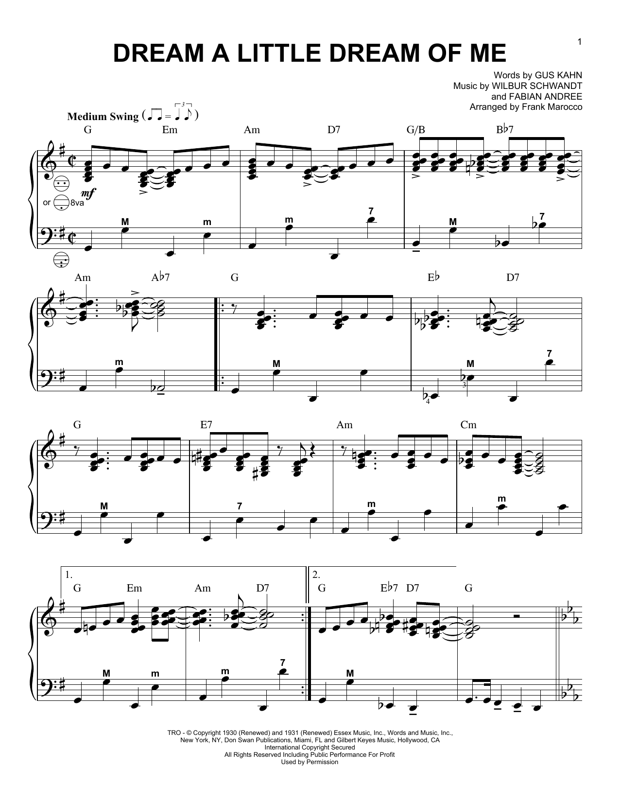 Frank Marocco Dream A Little Dream Of Me sheet music notes and chords arranged for Accordion