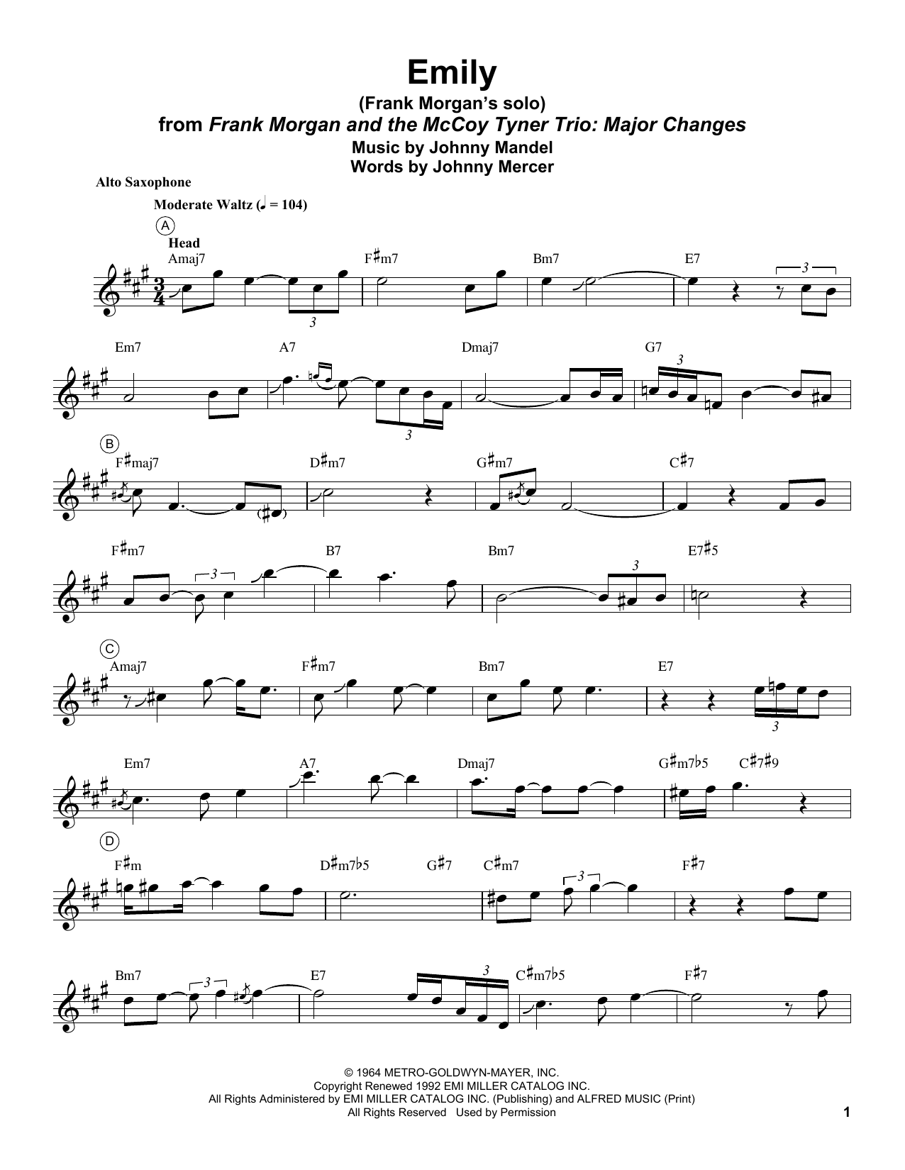 Frank Morgan Emily sheet music notes and chords arranged for Alto Sax Transcription