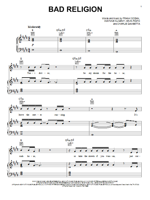 Frank Ocean Bad Religion sheet music notes and chords arranged for Piano, Vocal & Guitar Chords (Right-Hand Melody)