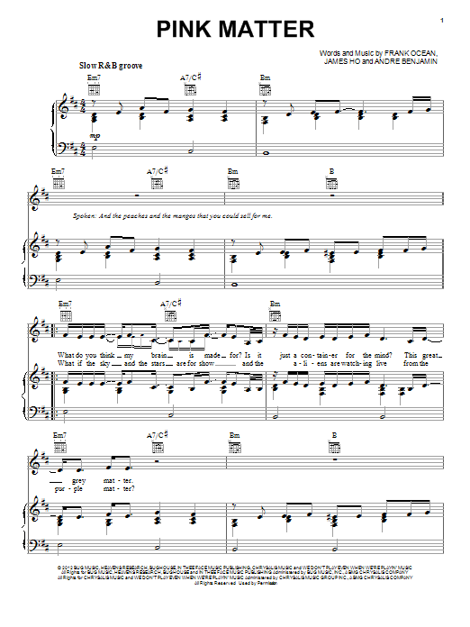 Frank Ocean Pink Matter sheet music notes and chords arranged for Piano, Vocal & Guitar Chords (Right-Hand Melody)