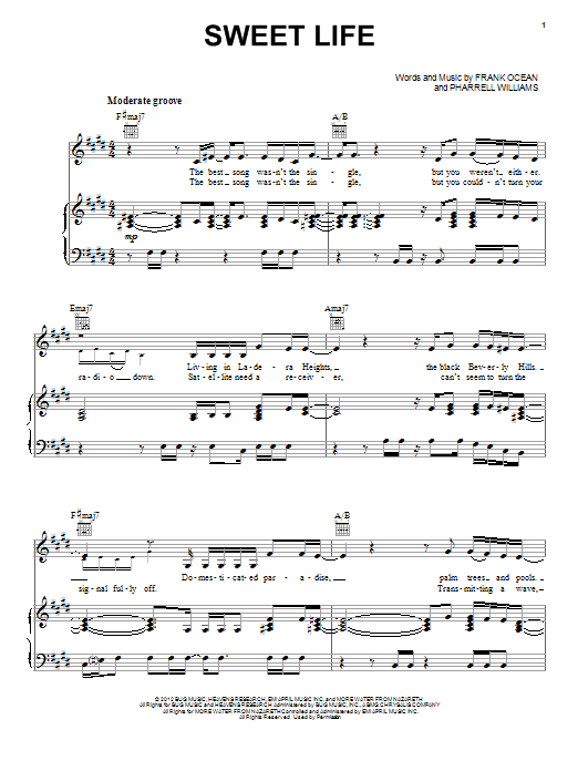 Frank Ocean Sweet Life sheet music notes and chords arranged for Piano, Vocal & Guitar Chords (Right-Hand Melody)