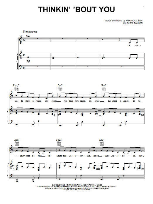 Frank Ocean Thinkin' 'Bout You sheet music notes and chords arranged for Piano, Vocal & Guitar Chords (Right-Hand Melody)
