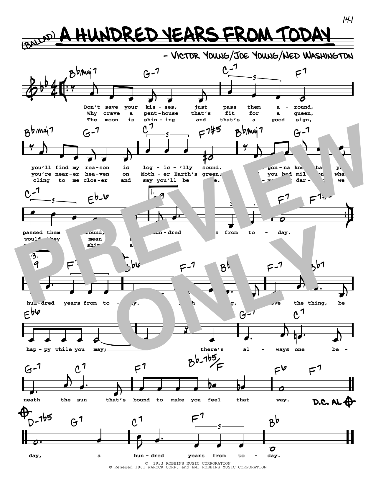 Frank Sinatra A Hundred Years From Today (Low Voice) sheet music notes and chords arranged for Real Book – Melody, Lyrics & Chords