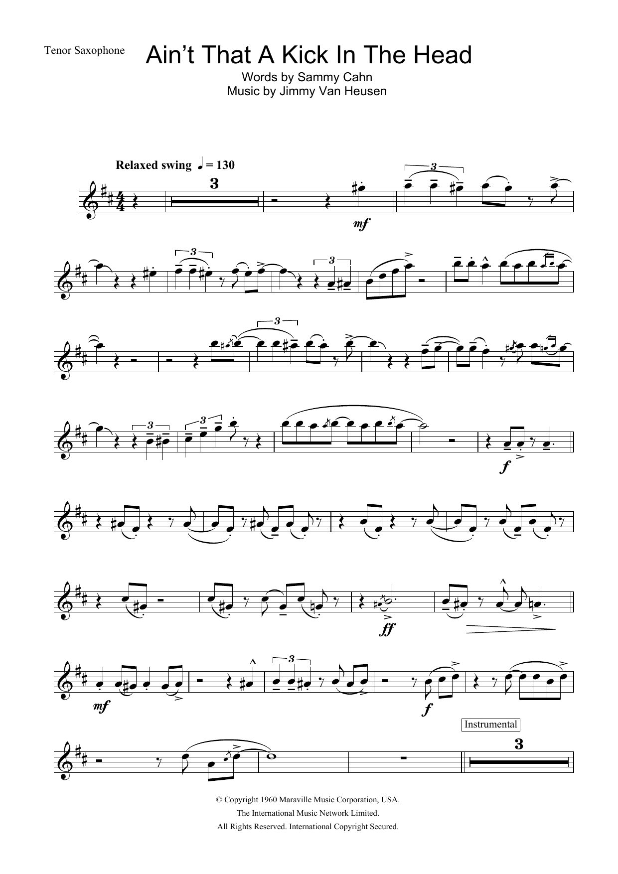 Frank Sinatra Ain't That A Kick In The Head sheet music notes and chords arranged for Clarinet Solo