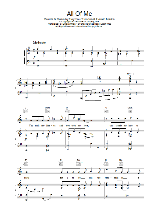 Frank Sinatra All Of Me sheet music notes and chords arranged for Piano, Vocal & Guitar Chords (Right-Hand Melody)