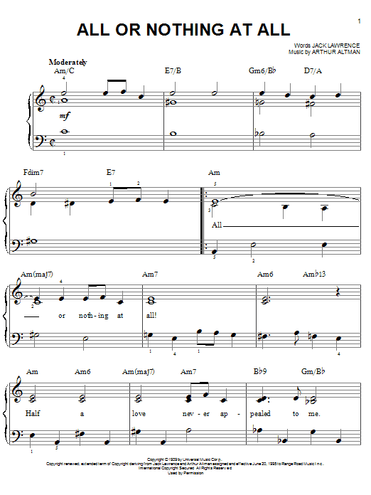 Frank Sinatra All Or Nothing At All sheet music notes and chords arranged for Beginner Piano