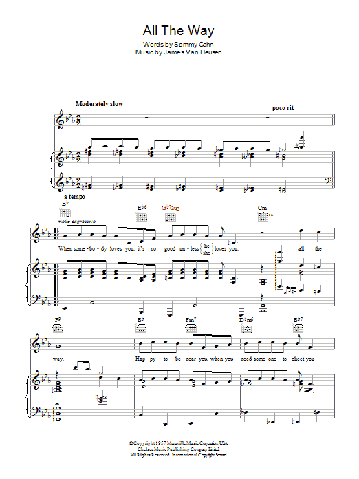 Frank Sinatra All The Way sheet music notes and chords arranged for Piano, Vocal & Guitar Chords