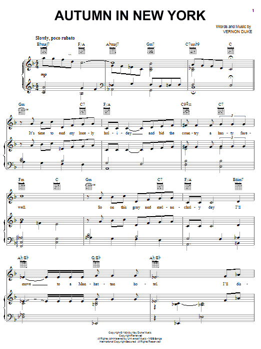 Frank Sinatra Autumn In New York sheet music notes and chords arranged for Piano, Vocal & Guitar Chords (Right-Hand Melody)