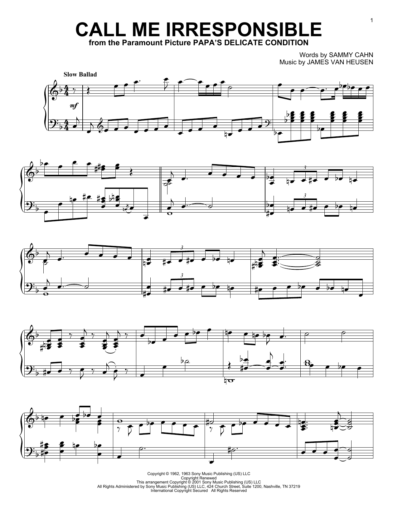 Frank Sinatra Call Me Irresponsible (arr. Al Lerner) sheet music notes and chords arranged for Piano Solo