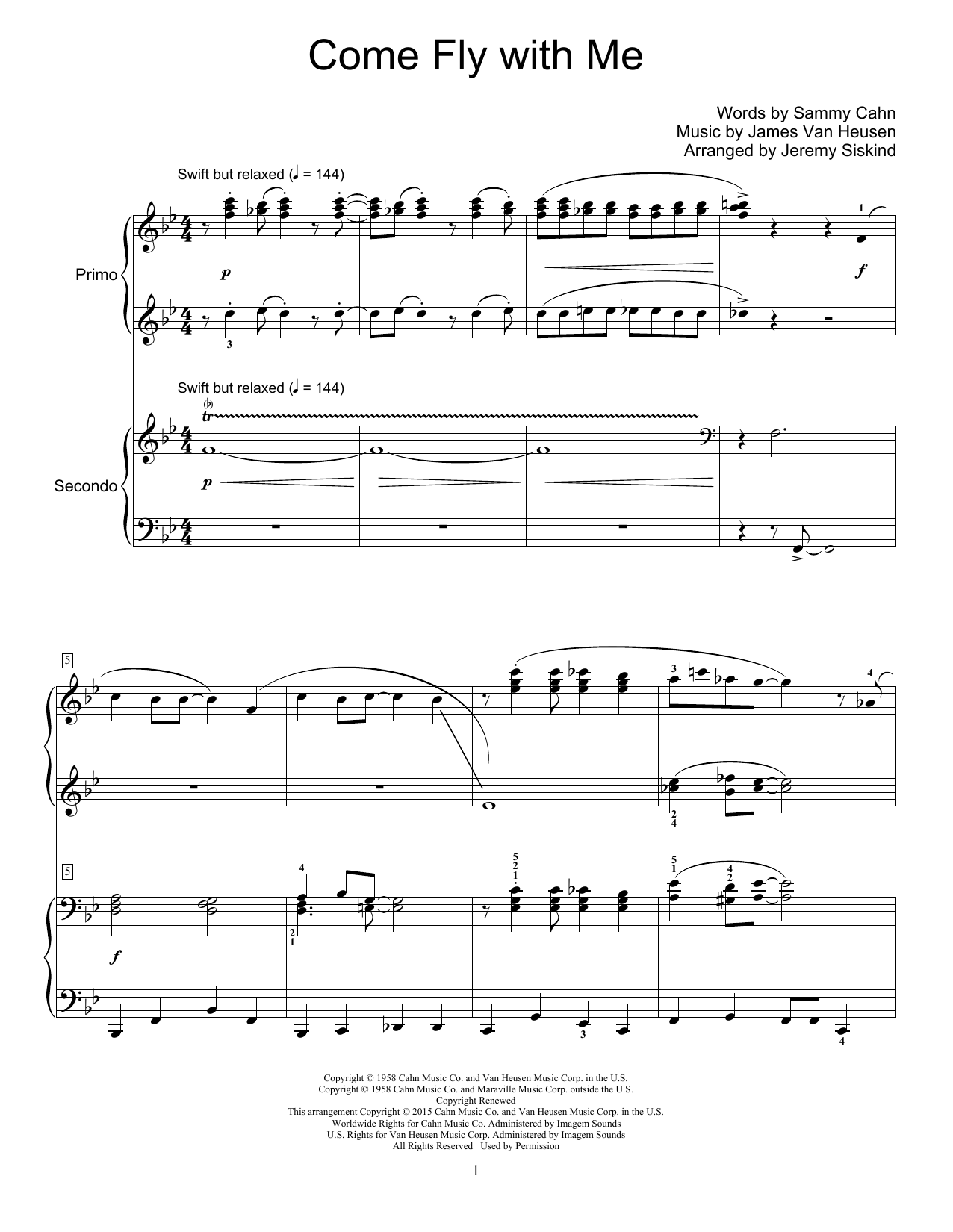 Frank Sinatra Come Fly With Me (arr. Jeremy Siskind) sheet music notes and chords arranged for Piano Duet