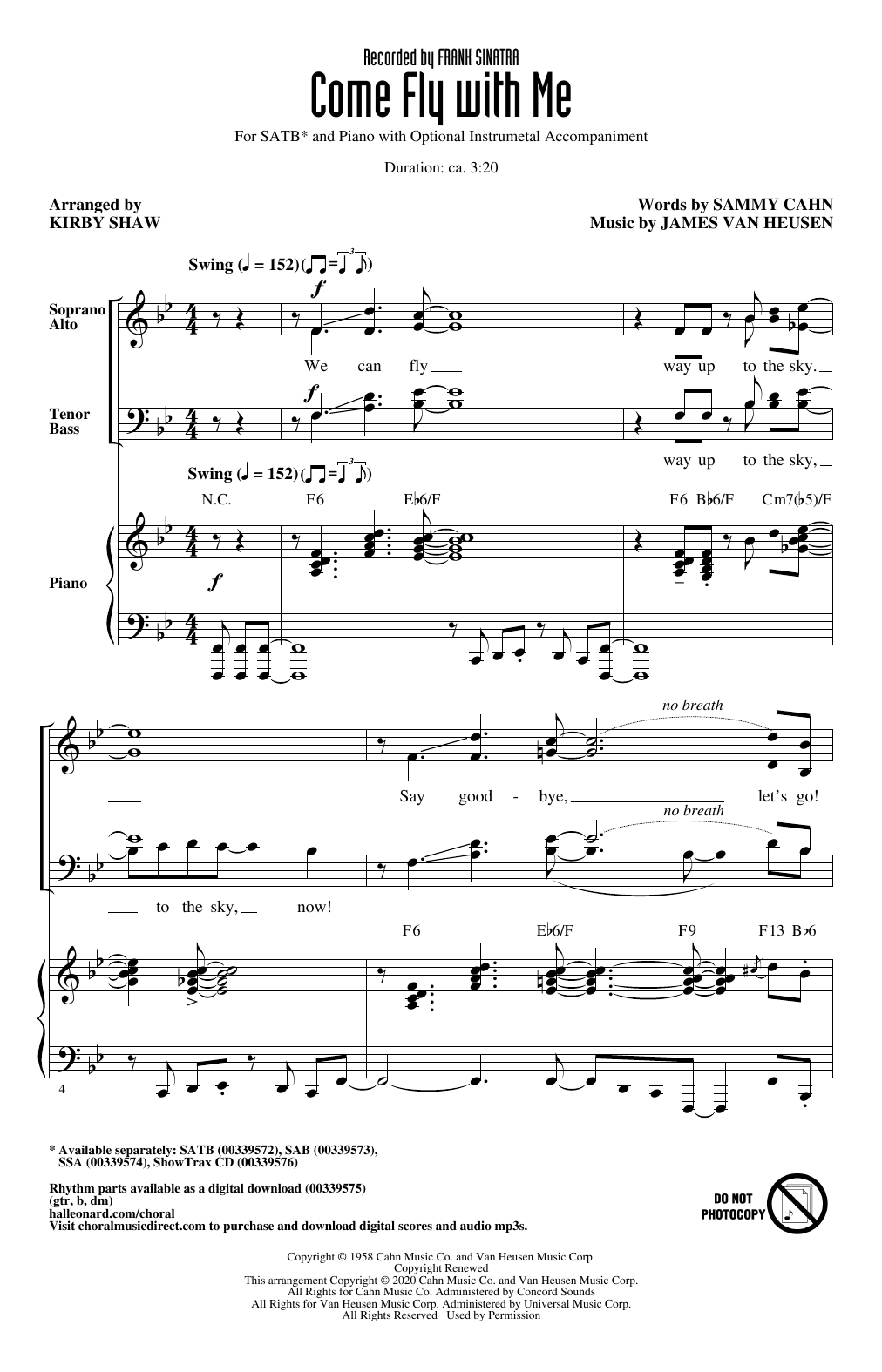 Frank Sinatra Come Fly With Me (arr. Kirby Shaw) sheet music notes and chords arranged for SAB Choir