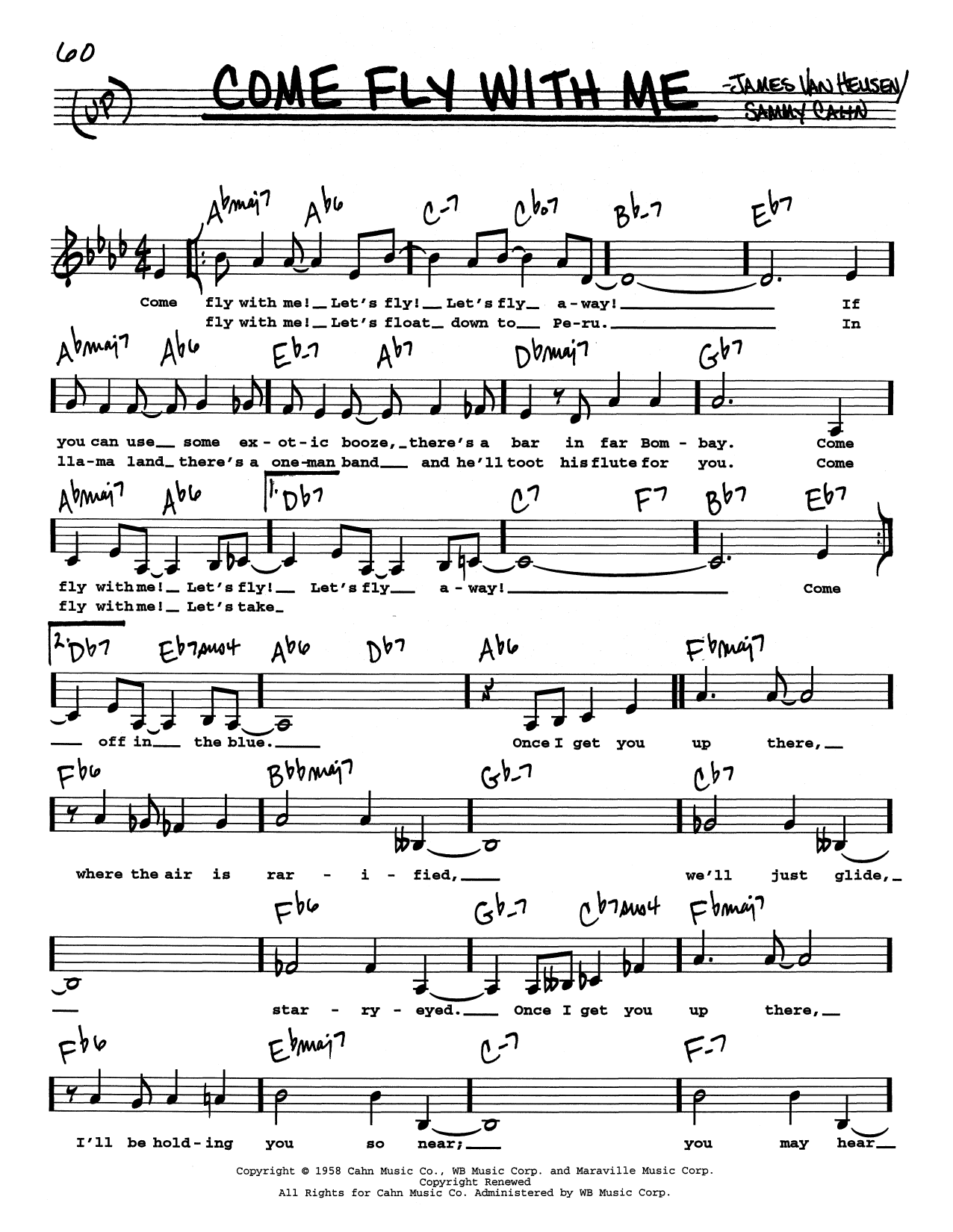 Frank Sinatra Come Fly With Me (Low Voice) sheet music notes and chords arranged for Real Book – Melody, Lyrics & Chords
