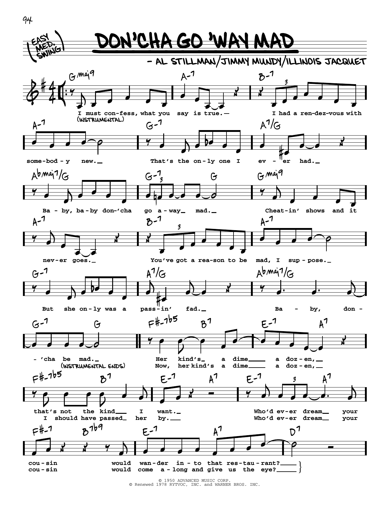 Frank Sinatra Don'cha Go 'Way Mad (Low Voice) sheet music notes and chords arranged for Real Book – Melody, Lyrics & Chords