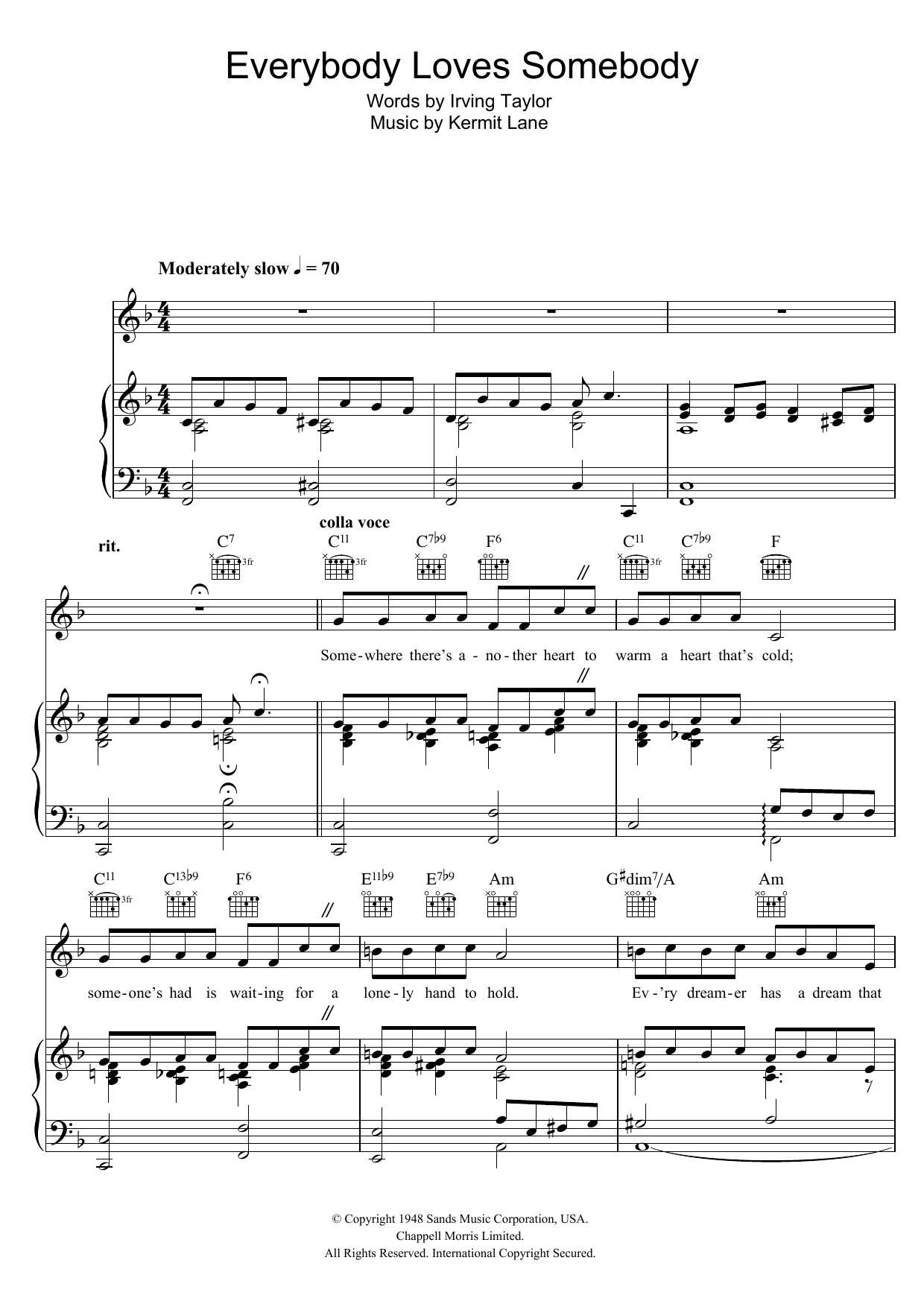 Frank Sinatra Everybody Loves Somebody sheet music notes and chords arranged for Piano, Vocal & Guitar Chords