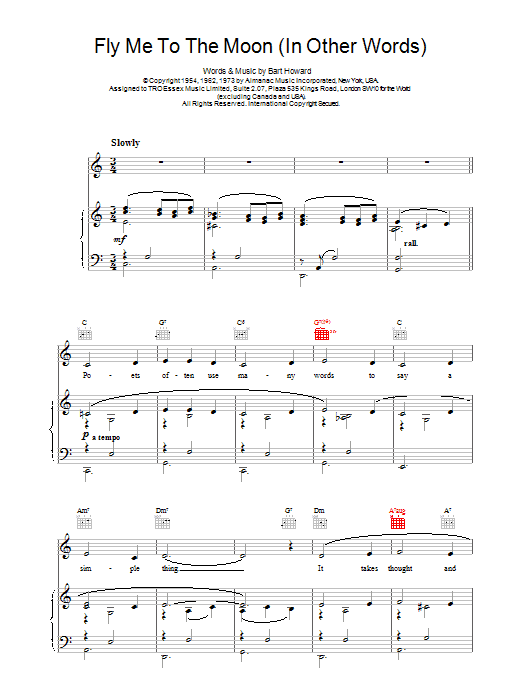 Frank Sinatra Fly Me To The Moon (In Other Words) sheet music notes and chords arranged for Piano, Vocal & Guitar Chords (Right-Hand Melody)