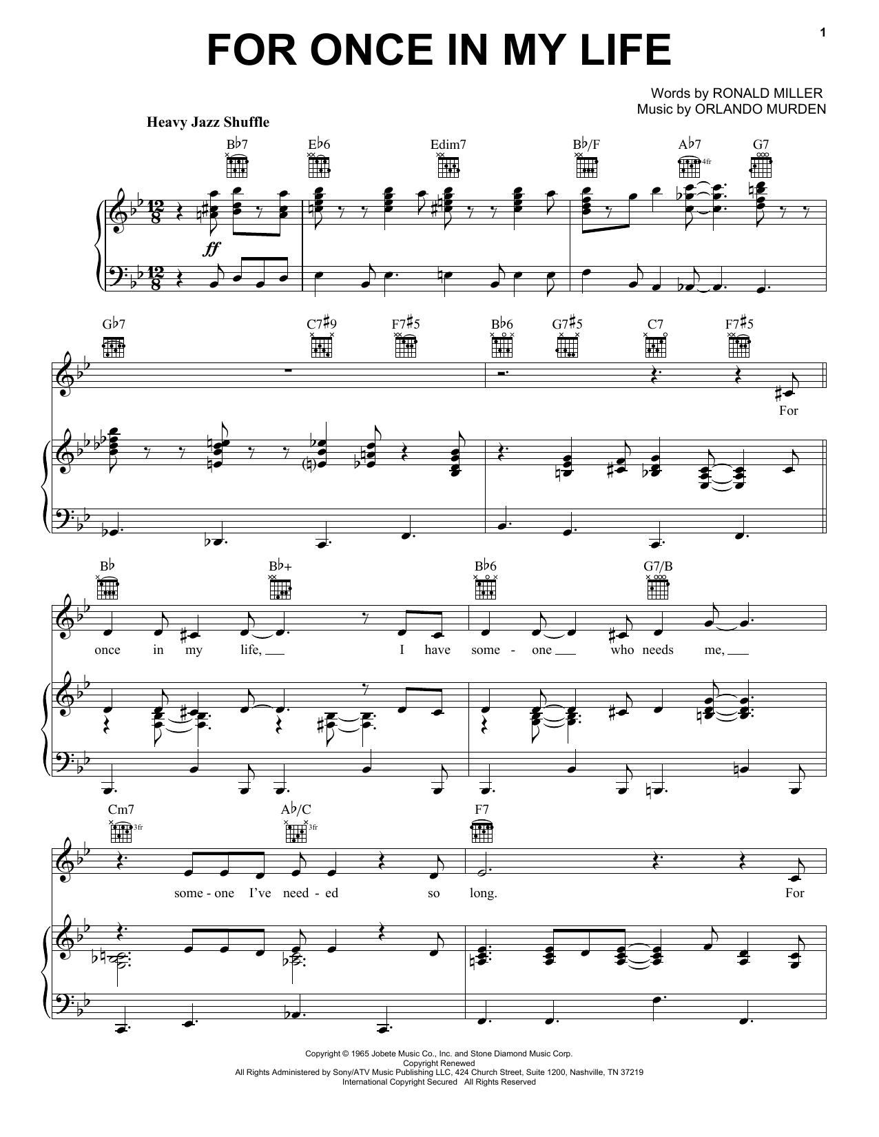 Frank Sinatra For Once In My Life sheet music notes and chords arranged for Piano, Vocal & Guitar Chords (Right-Hand Melody)