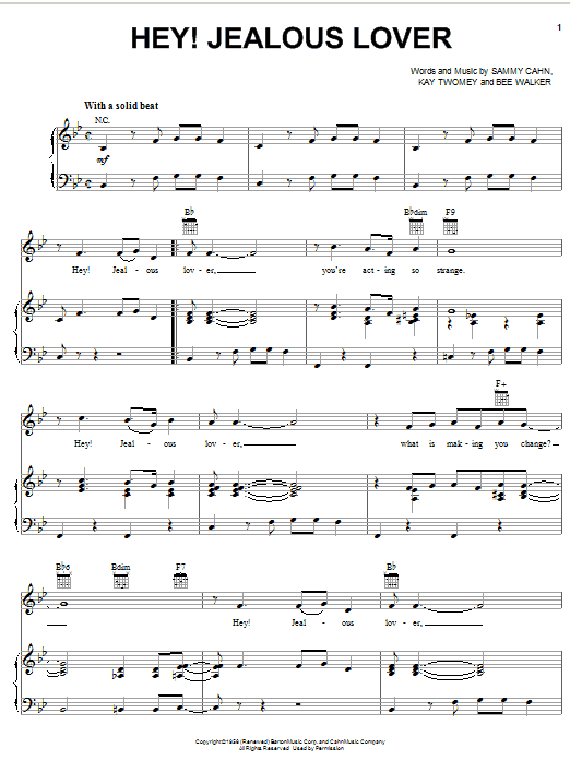 Frank Sinatra Hey! Jealous Lover sheet music notes and chords arranged for Guitar Chords/Lyrics
