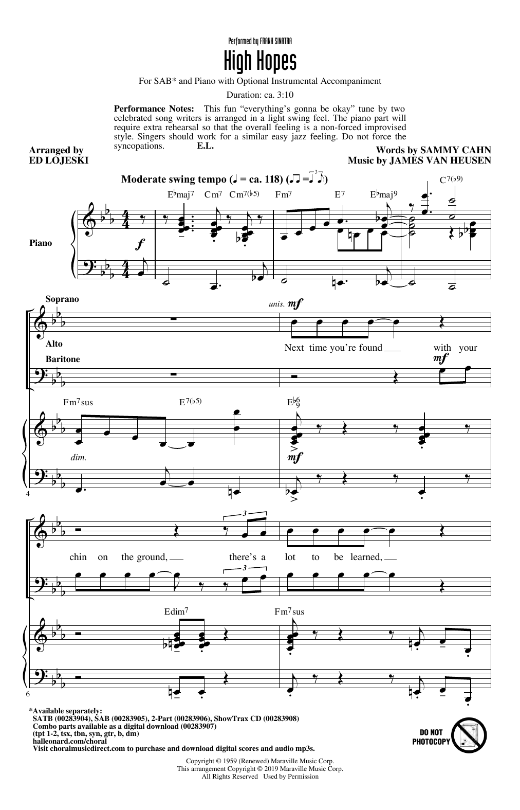 Frank Sinatra High Hopes (arr. Ed Lojeski) sheet music notes and chords arranged for SATB Choir