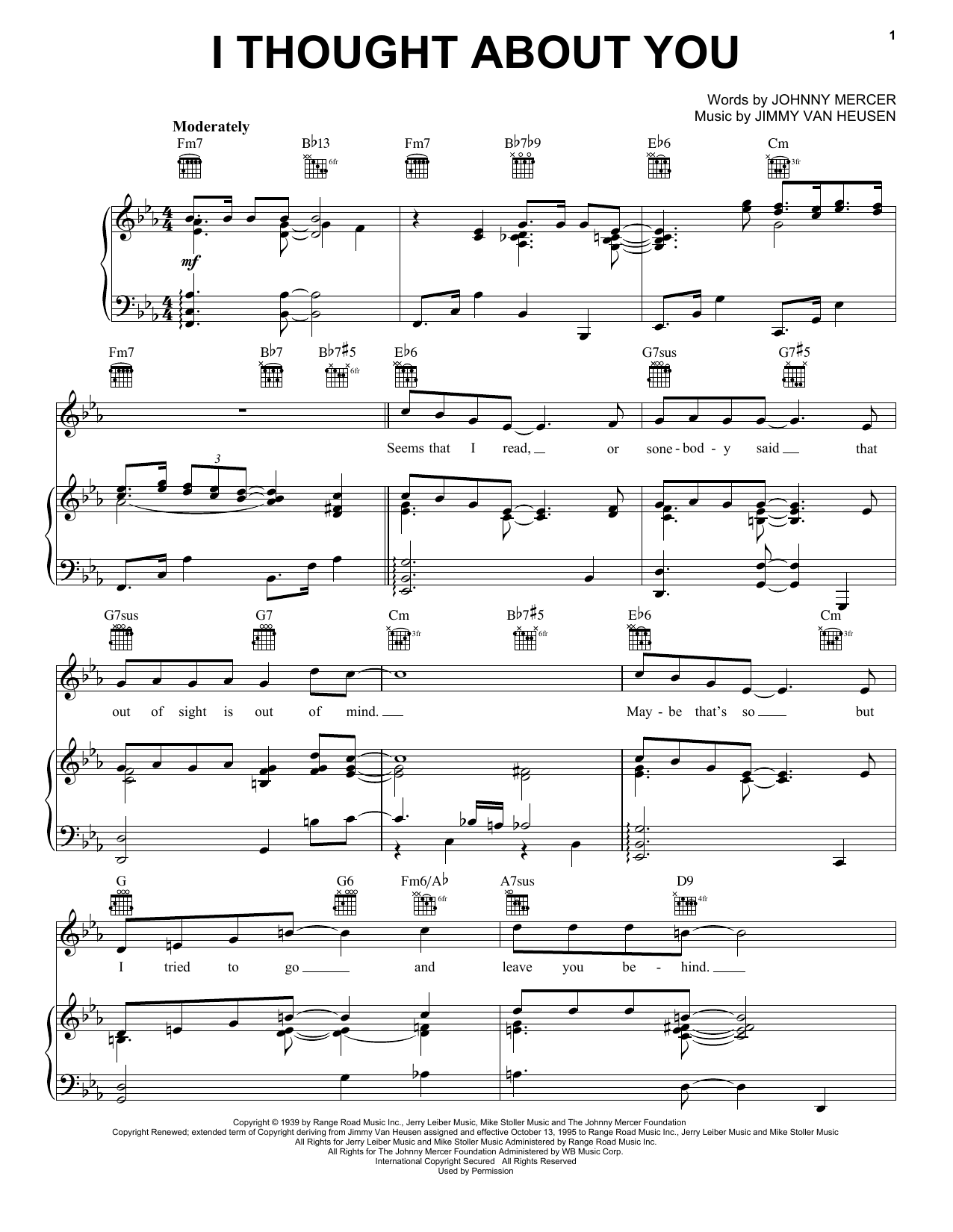 Frank Sinatra I Thought About You sheet music notes and chords arranged for Piano, Vocal & Guitar Chords (Right-Hand Melody)