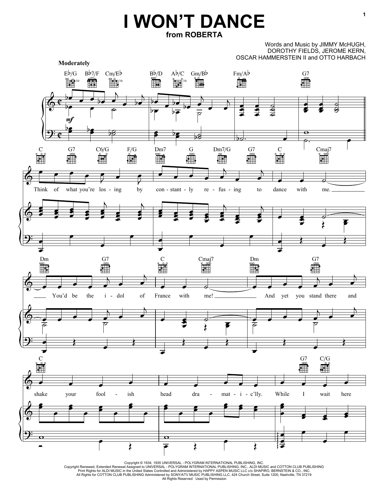 Frank Sinatra I Won't Dance sheet music notes and chords arranged for Piano, Vocal & Guitar Chords (Right-Hand Melody)