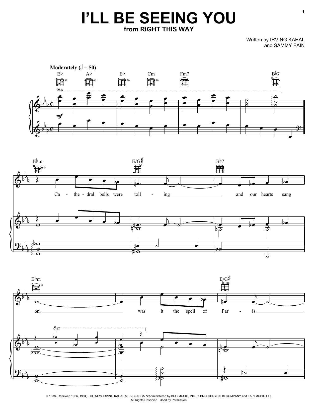 Frank Sinatra I'll Be Seeing You sheet music notes and chords arranged for Piano, Vocal & Guitar Chords (Right-Hand Melody)