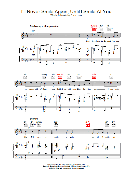 Frank Sinatra I'll Never Smile Again sheet music notes and chords arranged for Piano, Vocal & Guitar Chords