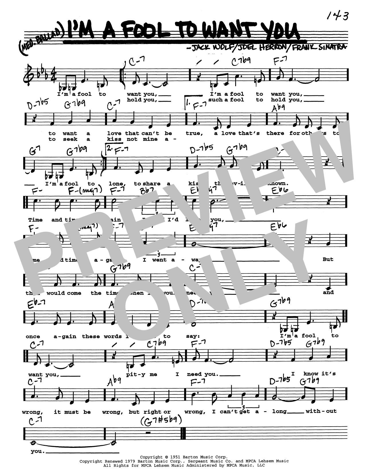 Frank Sinatra I'm A Fool To Want You (Low Voice) sheet music notes and chords arranged for Real Book – Melody, Lyrics & Chords