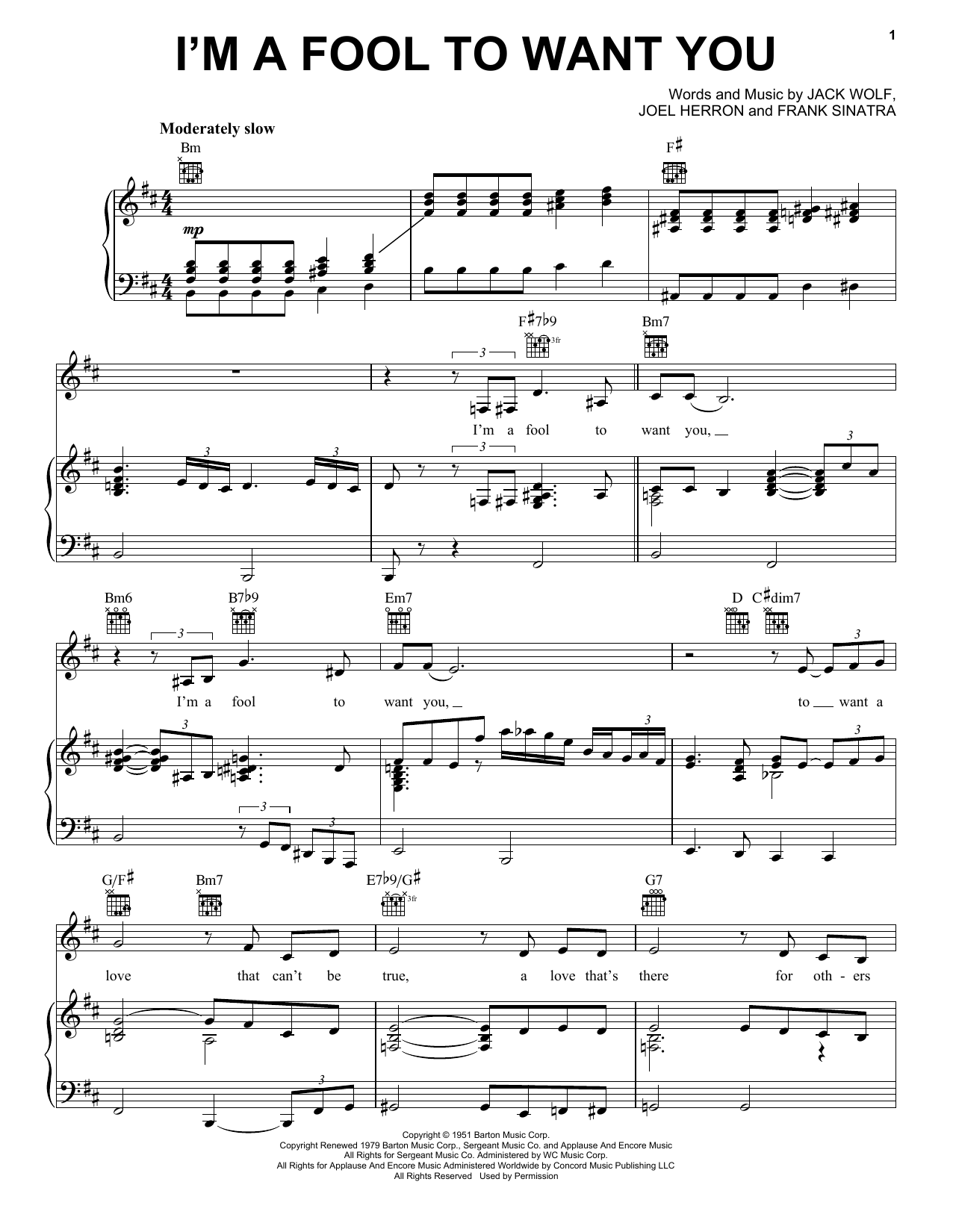 Frank Sinatra I'm A Fool To Want You sheet music notes and chords arranged for Piano, Vocal & Guitar Chords (Right-Hand Melody)
