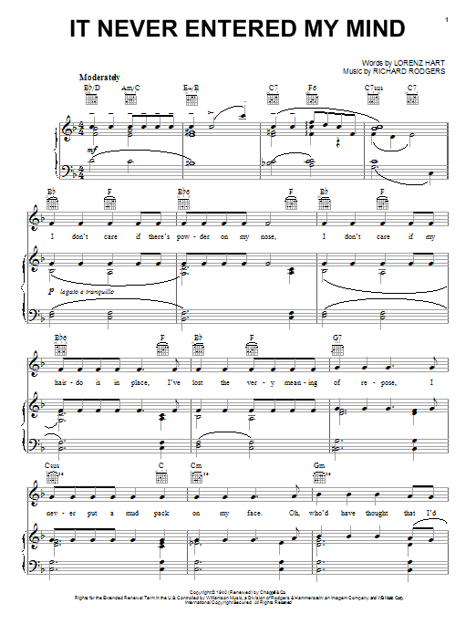 Frank Sinatra It Never Entered My Mind sheet music notes and chords arranged for Piano, Vocal & Guitar Chords (Right-Hand Melody)
