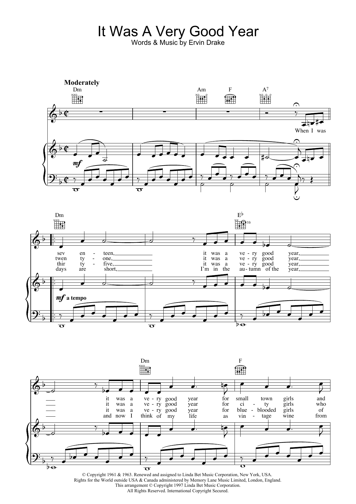 Frank Sinatra It Was A Very Good Year sheet music notes and chords arranged for Piano, Vocal & Guitar Chords