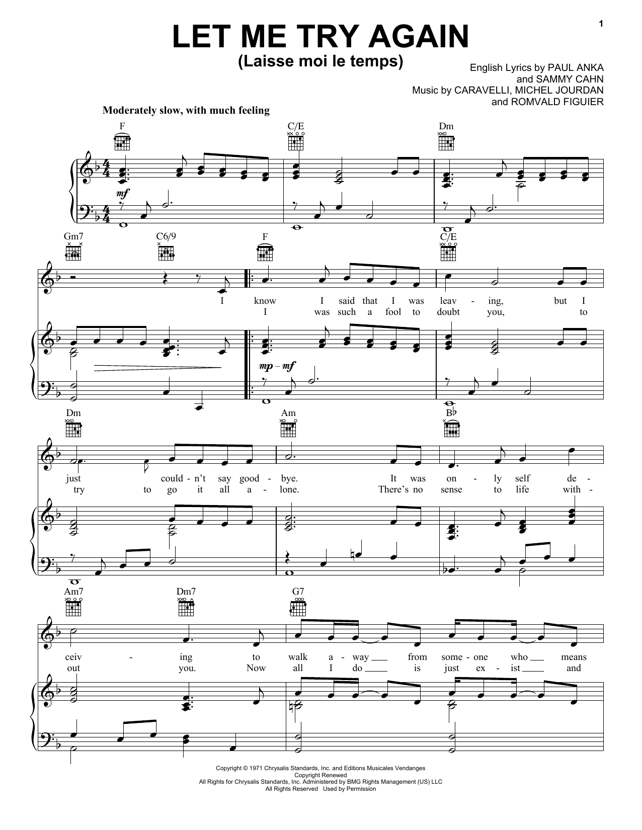 Frank Sinatra Let Me Try Again (Laisse Moi Le Temps) sheet music notes and chords arranged for Piano, Vocal & Guitar Chords (Right-Hand Melody)