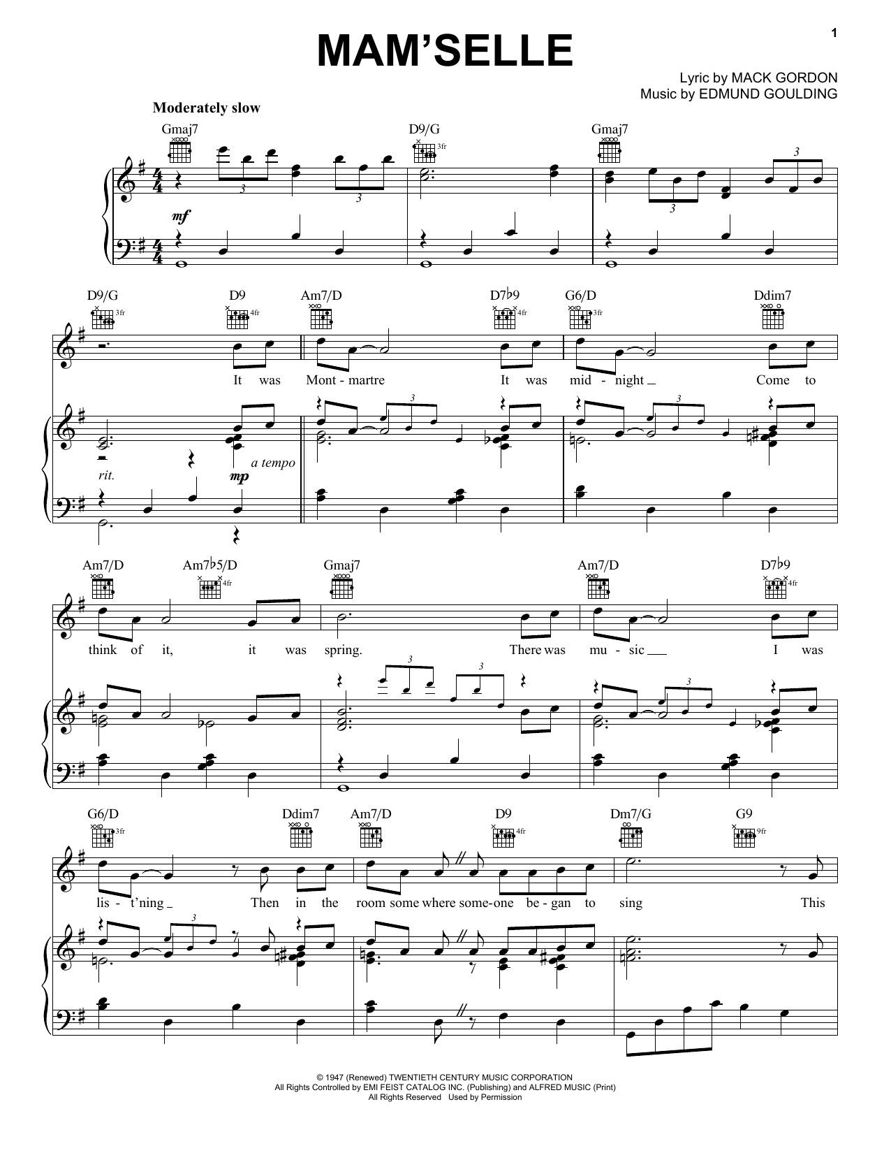 Frank Sinatra Mam'selle sheet music notes and chords arranged for Piano, Vocal & Guitar Chords (Right-Hand Melody)