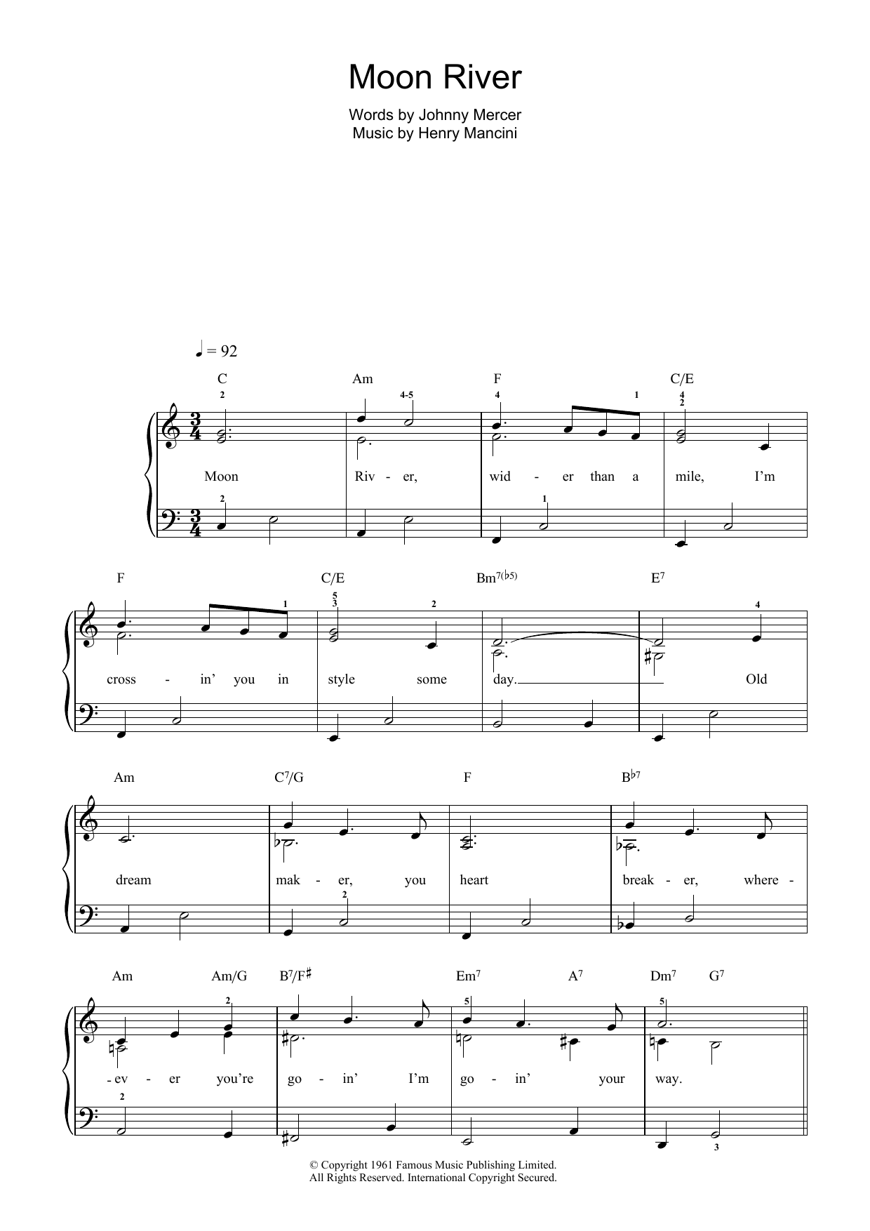 Frank Sinatra Moon River (from Breakfast At Tiffany's) sheet music notes and chords arranged for Beginner Piano