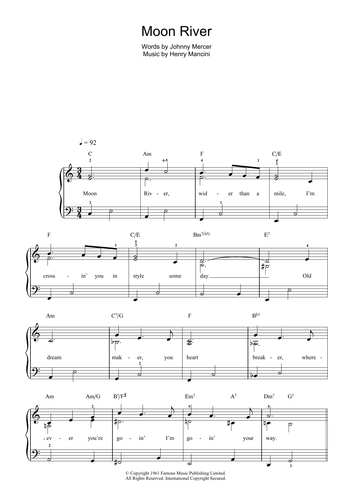 Frank Sinatra Moon River (from Breakfast At Tiffany's) sheet music notes and chords arranged for Beginner Piano (Abridged)