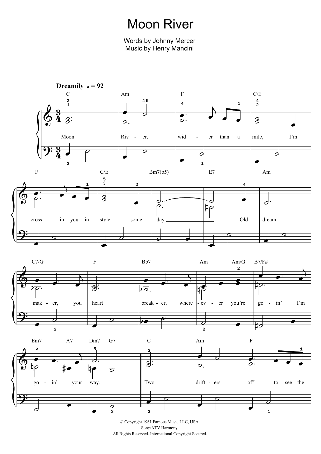 Frank Sinatra Moon River sheet music notes and chords arranged for Beginner Piano (Abridged)