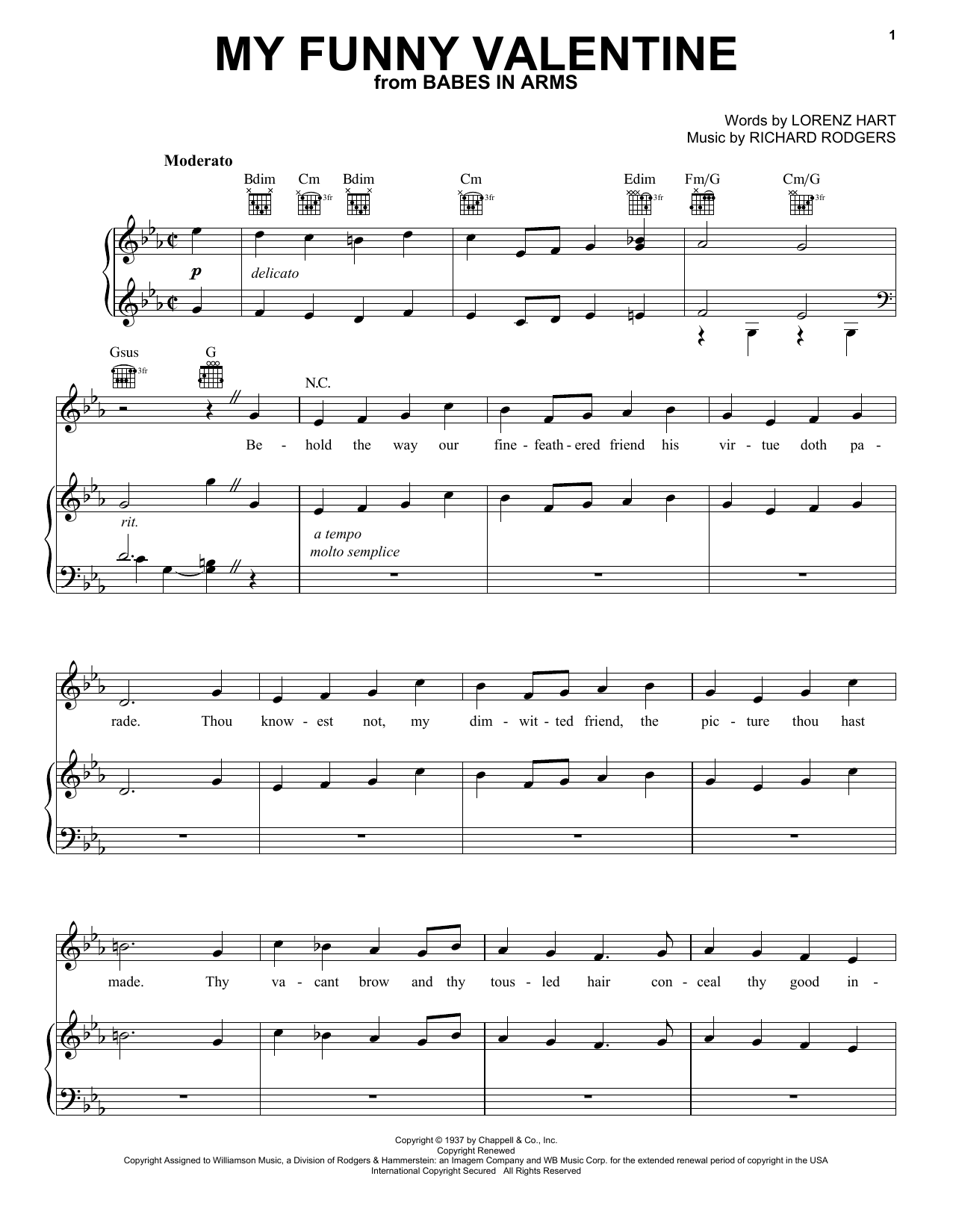 Frank Sinatra My Funny Valentine sheet music notes and chords arranged for Piano, Vocal & Guitar Chords (Right-Hand Melody)