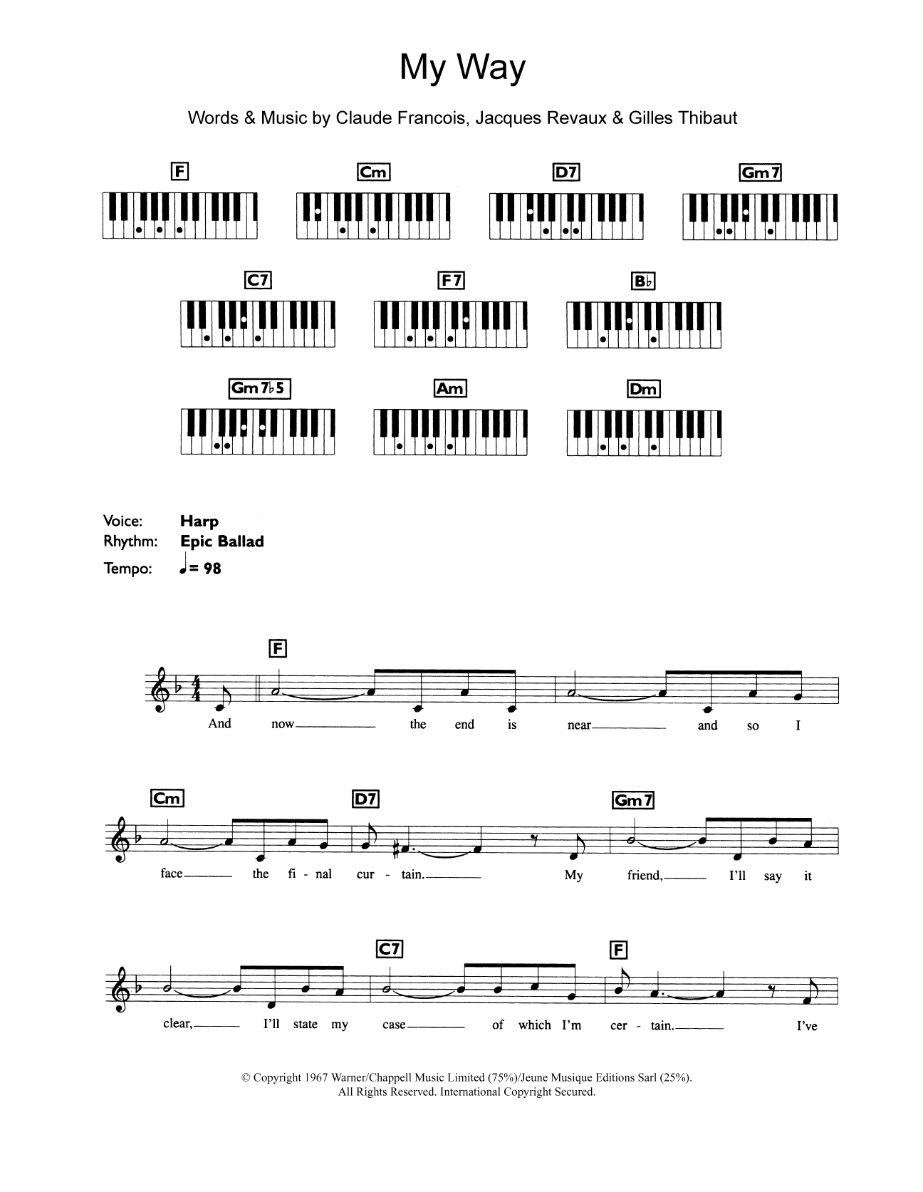 Frank Sinatra My Way sheet music notes and chords arranged for Piano Chords/Lyrics