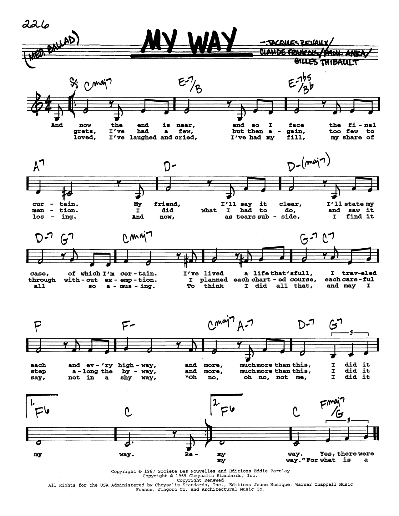 Frank Sinatra My Way (Low Voice) sheet music notes and chords arranged for Real Book – Melody, Lyrics & Chords