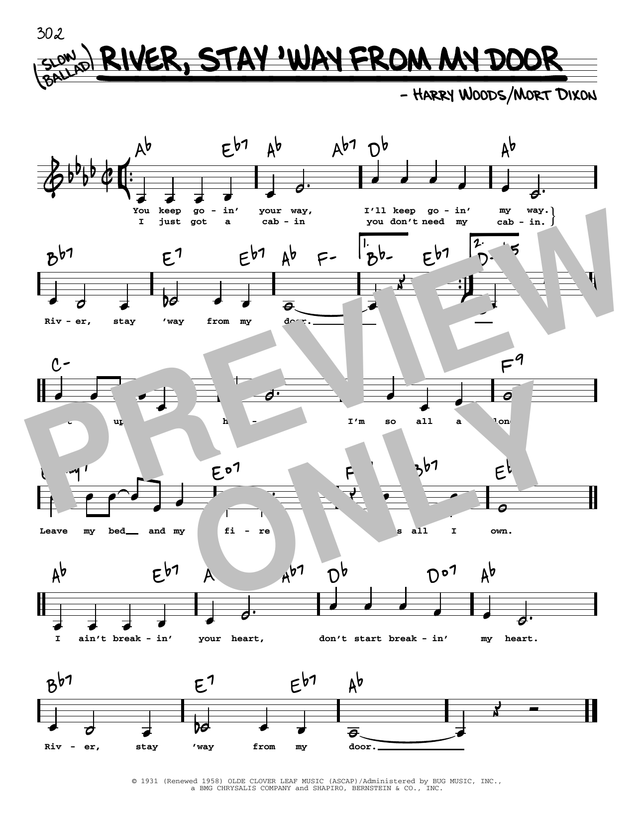 Frank Sinatra River, Stay 'Way From My Door (Low Voice) sheet music notes and chords arranged for Real Book – Melody, Lyrics & Chords