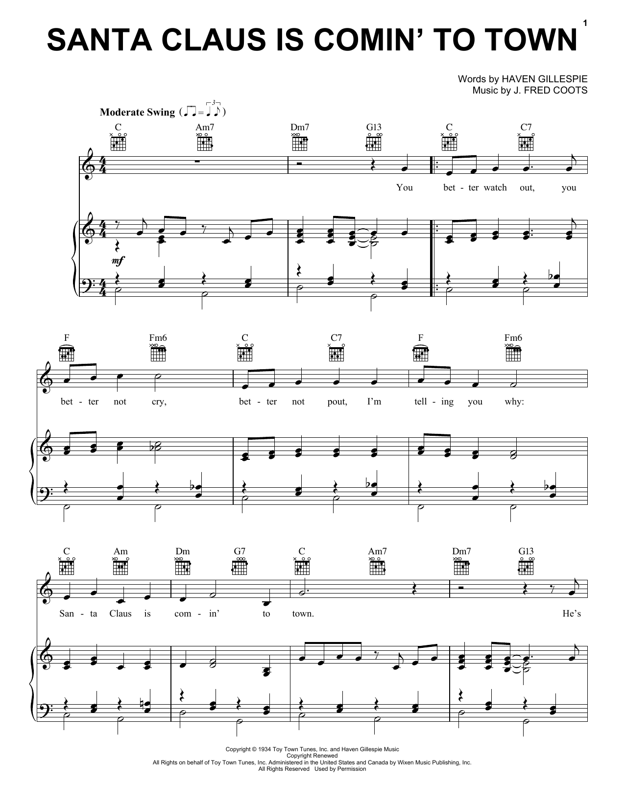 Frank Sinatra Santa Claus Is Comin' To Town sheet music notes and chords arranged for Easy Piano