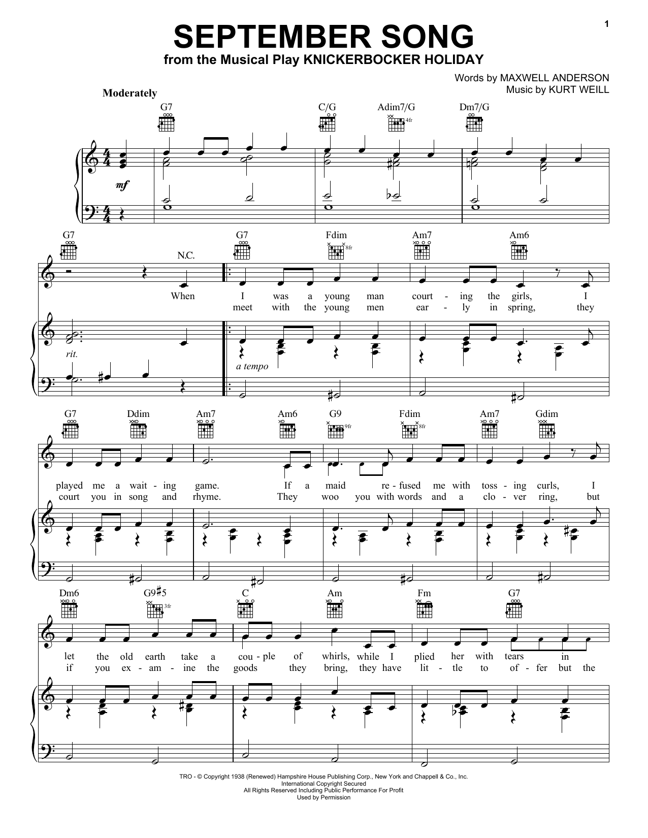 Frank Sinatra September Song sheet music notes and chords arranged for Piano, Vocal & Guitar Chords (Right-Hand Melody)