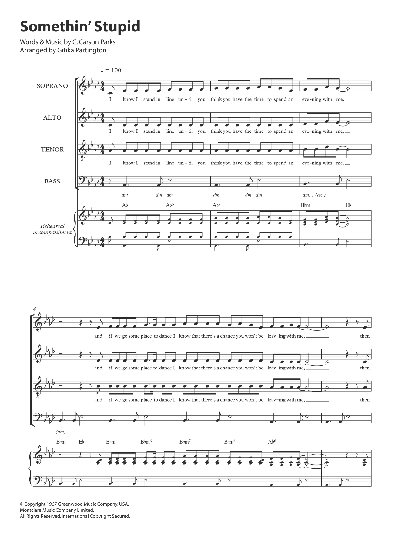 Frank Sinatra Somethin' Stupid (arr. Gitika Partington) sheet music notes and chords arranged for SATB Choir