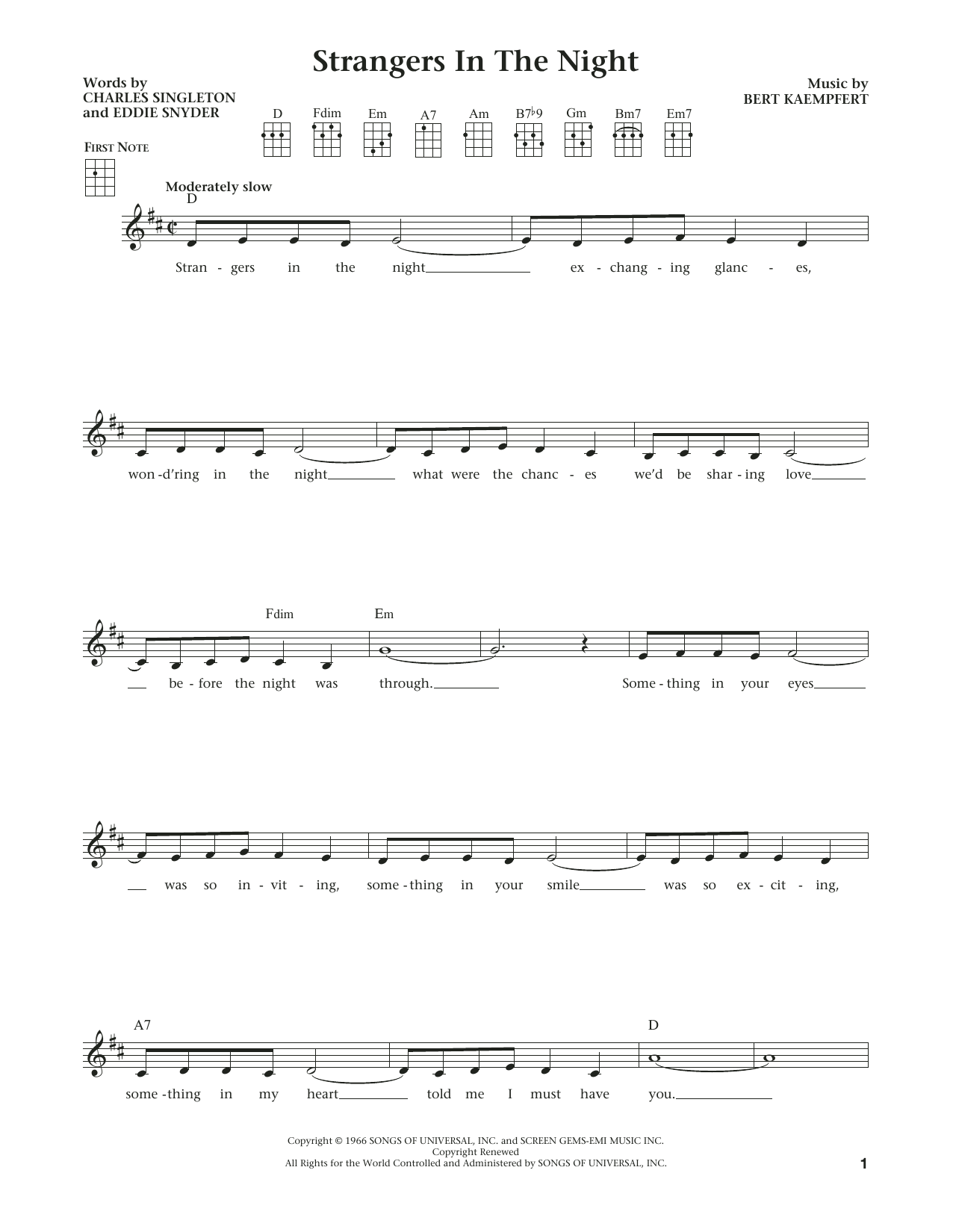 Frank Sinatra Strangers In The Night (from The Daily Ukulele) (arr. Liz and Jim Beloff) sheet music notes and chords arranged for Ukulele
