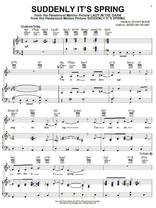 Frank Sinatra Suddenly It's Spring sheet music notes and chords arranged for Piano, Vocal & Guitar Chords (Right-Hand Melody)