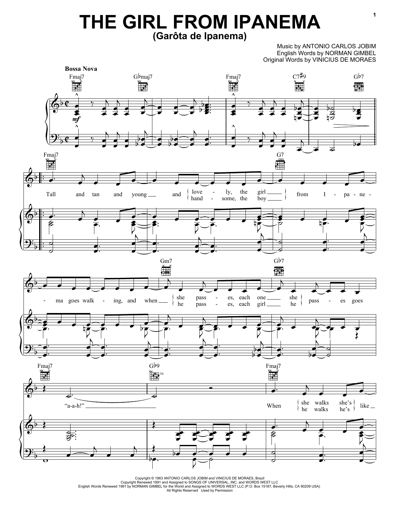 Frank Sinatra The Girl From Ipanema (Garota De Ipanema) sheet music notes and chords arranged for Easy Piano