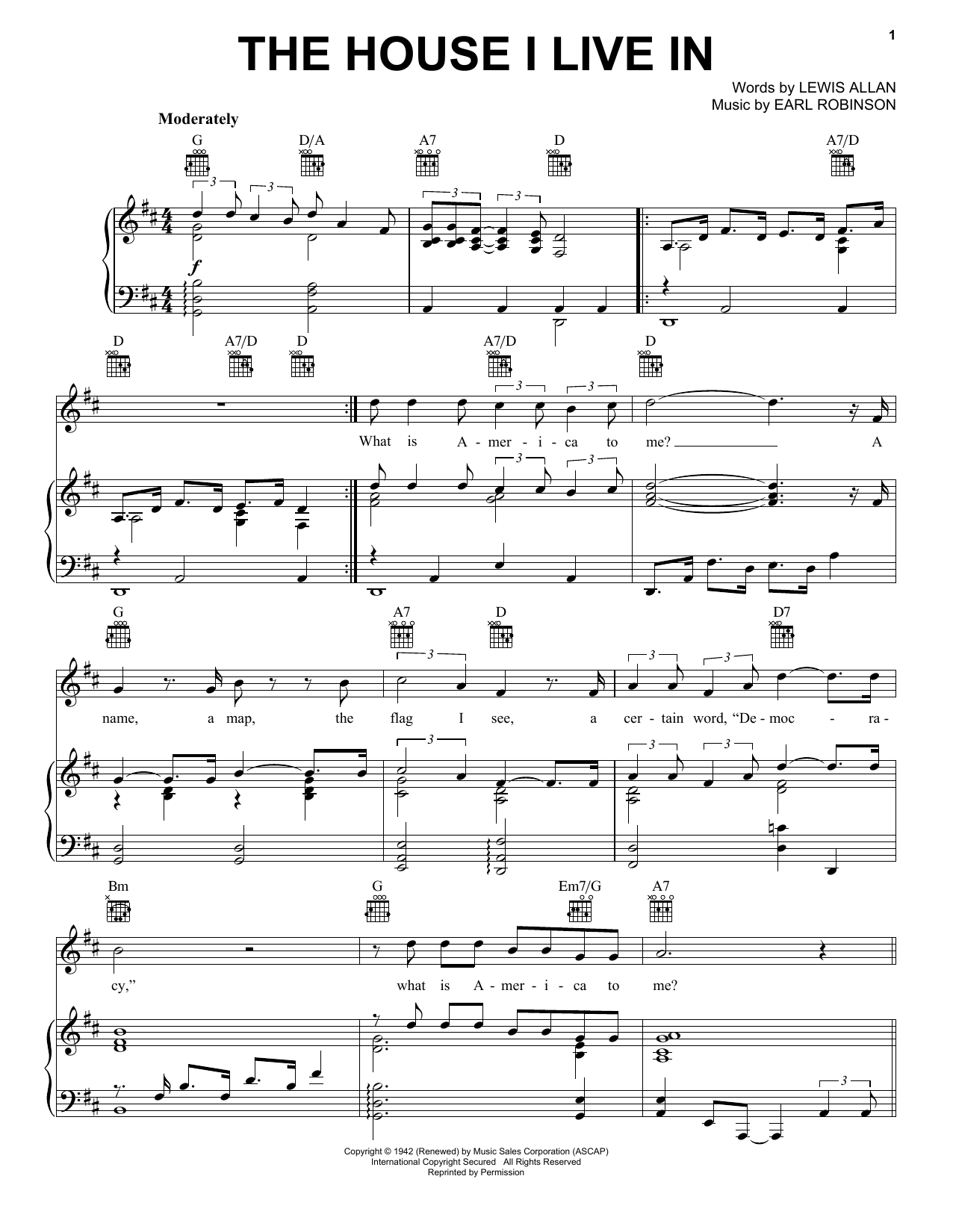 Frank Sinatra The House I Live In sheet music notes and chords arranged for Piano, Vocal & Guitar Chords (Right-Hand Melody)